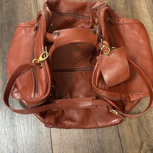 ARVI Genuine Leather Cognac Slouchy Duffel Bag Shoulder Tote Gold HW